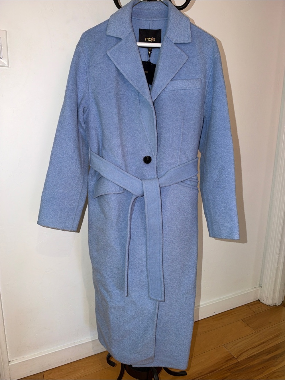 Maje Powder Blue Belted Wool-Blend Trench Coat